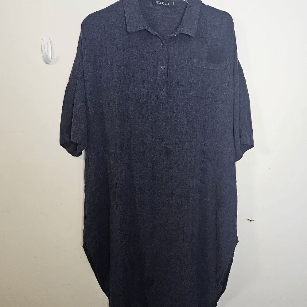 Utcoco Short Sleeve Shirt Dress Women's BlueβSize 2XL Loose fitted Beachy Coveru